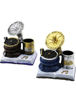 Ankaverse Saat - Gramafon Vintage Dekoratif Biblo - Renkli Kalemlik 13X12X8.5CM Reçine (5286)