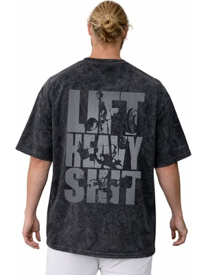 Sevbano Lift Heavy Shit Fitness Bodybuilding Sporcu Sırt Baskılı Unisex Oversize Vintage Yıkamalı Tişört