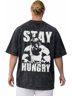 Sevbano Stay Hungry Arnold Bodybuilding Fitness Sporcu Sırt Baskılı Unisex Oversize Vintage Yıkamalı Tişört