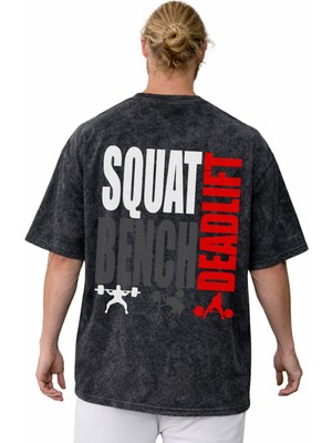 Sevbano Squat Bench Deadlift Fitness Bodybuilding Sporcu Baskılı Unisex Oversize Vintage Yıkamalı Tişört