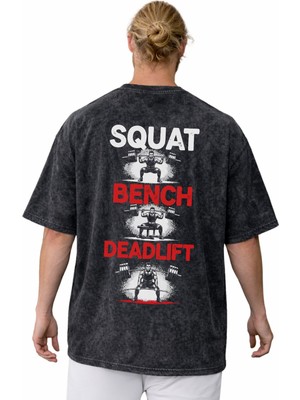 Sevbano Squat Bench Deadlift Bodybuilding Fitness Sırt Baskılı Unisex Oversize Vintage Yıkamalı Tişört