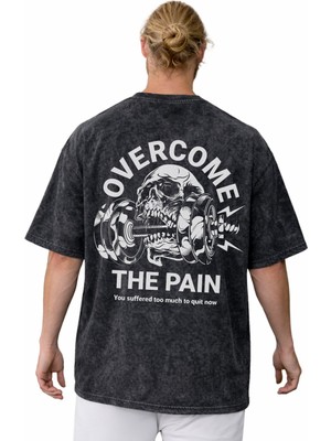 Sevbano Overcome The Pain Fitness Bodybuilding Sporcu Sırt Baskılı Unisex Oversize Yıkamalı Tişört