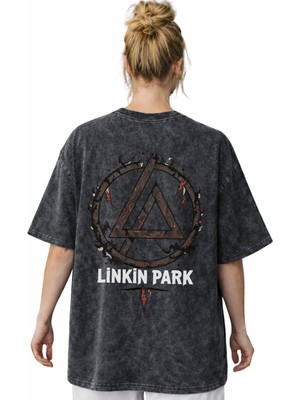 Sevbano Linkin Park Rock Metal Müzik Grubu Sırt Baskılı Unisex Oversize Vintage Yıkamalı Tişört
