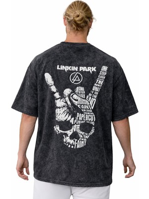 Sevbano Linkin Park Rock Metal Müzik Grubu Sırt Baskılı Unisex Oversize Vintage Yıkamalı Tişört