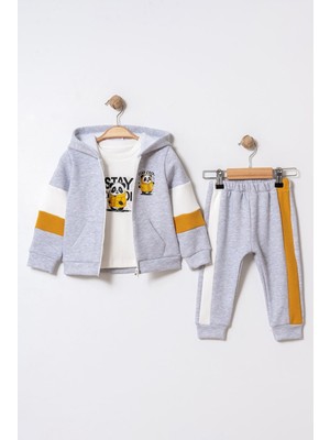 Chicsy Baby Bebek Çocuk Mevsimlik Panda Baskılı Kapüşonlu Fermuarlı Sweatshirt Tişört ve Eşofman Altı 3’lü Takım