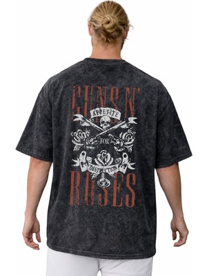 Sevbano Guns N' Roses Rock Metal Müzik Grubu Sırt Baskılı Unisex Oversize Yıkamalı Tişört