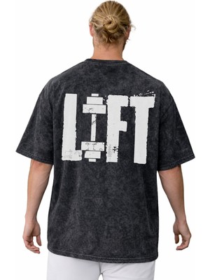 Sevbano Tasarım Lift Yazılı Fitness Bodybuilding Sırt Baskılı Unisex Oversize Vintage Yıkamalı Tişört