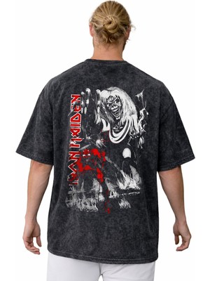 Sevbano Tasarım Iron Maiden Rock Metal Müzik Grubu Sırt Baskılı Unisex Oversize Vintage Yıkamalı Tişört