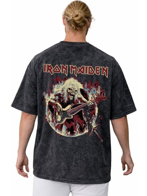 Sevbano Iron Maiden Rock Metal Müzik Grubu Sırt Baskılı Unisex Oversize Vintage Yıkamalı Tişört