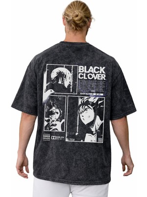 Sevbano Tasarım Black Clover Anime Sırt Baskılı Unisex Oversize Vintage Yıkamalı Tişört