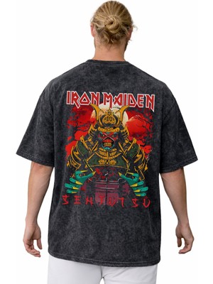 Sevbano Iron Maiden Rock Metal Müzik Grubu Sırt Baskılı Unisex Oversize Vintage Yıkamalı Tişört