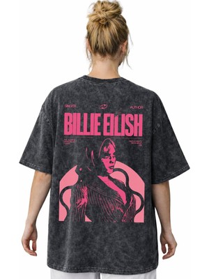 Sevbano Tasarım Billie Eilish Şarkıcı Sırt Baskılı Unisex Oversize Vintage Yıkamalı Tişört