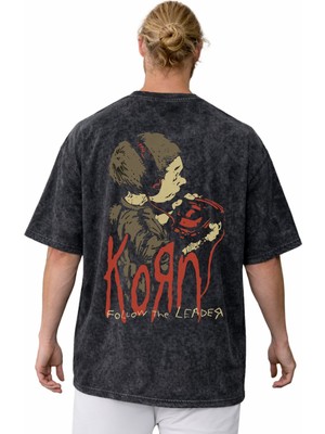 Sevbano Korn Rock Metal Müzik Grubu Sırt Baskılı Unisex Oversize Vintage Yıkamalı Tişört