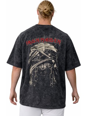 Sevbano Tasarım Ironmaiden Rock Metal Müzik Grubu Sırt Baskılı Unisex Oversize Vintage Yıkamalı Tişört