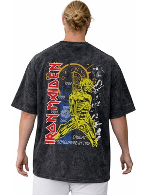Sevbano Iron Maiden Rock Metal Müzik Grubu Sırt Baskılı Unisex Oversize Vintage Yıkamalı Tişört