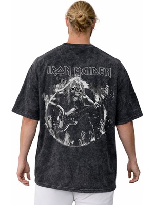 Sevbano Iron Maiden Rock Metal Müzik Grubu Sırt Baskılı Unisex Oversize Vintage Yıkamalı Tişört