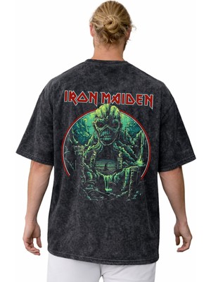 Sevbano Iron Maiden Rock Metal Müzik Grubu Sırt Baskılı Unisex Oversize Vintage Yıkamalı Tişört