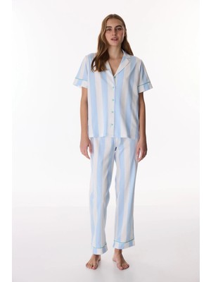 Penti Mavi Dreamy Mood Gömlek Çizgili Kısa Kollu Pijama Takımı