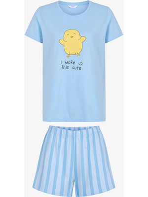 Penti Açık Mavi Happy Day Kadın Pamuklu Şortlu Pijama Takımı Nefes Alabilen Kumaş Özelliği
