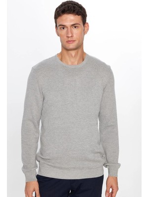 Tudors Erkek Slim Fit Dar Kesim Bisiklet Yaka Petek Desenli Gri Triko Kazak