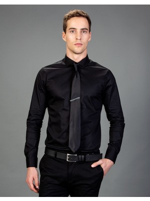 Tudors Süper Slim Fit Uzun Kollu Pamuklu Likralı Erkek Siyah Gömlek