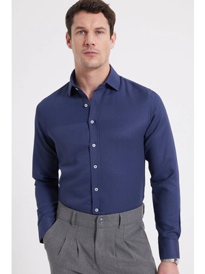 Tudors Modern Slim Fit Uzun Kollu Pamuklu Kolay Ütü Armürlü Erkek Lacivert Gömlek