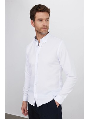 Tudors Slim Fit Uzun Kollu Düğmeli Yaka Pamuklu Kolay Ütü Düz Erkek Gömlek