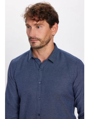 Tudors Modern Slim Fit Uzun Kollu Pamuklu Kolay Ütü Armürlü Erkek Lacivert Gömlek