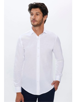 Tudors Slim Fit Uzun Kollu Pamuklu Kolay Ütü Beyaz Erkek Gömlek