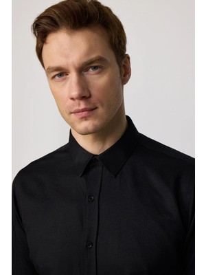 Tudors Modern Slim Fit Uzun Kollu Pamuklu Kolay Ütü Armürlü Erkek Siyah Gömlek