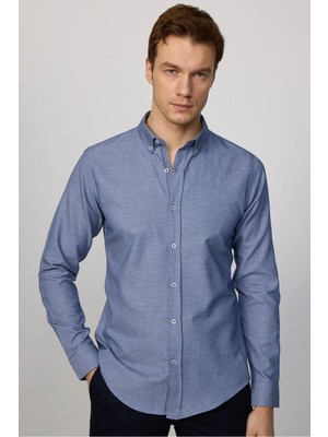 Tudors Slim Fit Uzun Kollu Düğmeli Yaka Pamuklu Kolay Ütü Düz Erkek Gömlek