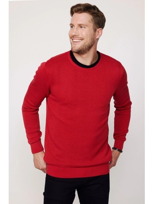 Tudors Erkek Slim Fit Dar Kesim Bisiklet Yaka Petek Desenli Kırmızı Triko Kazak