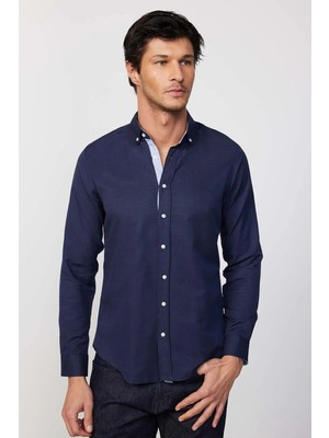 Tudors Slim Fit Uzun Kollu Düğmeli Yaka Pamuklu Kolay Ütü Düz Erkek Gömlek