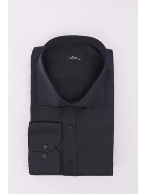 Tudors Büyük Beden Uzun Kol Düz Lacivert Gömlek