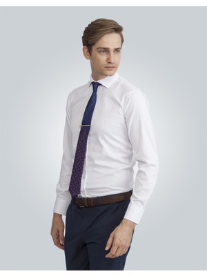 Tudors Modern Slim Fit Armürlü Erkek Beyaz Gömlek
