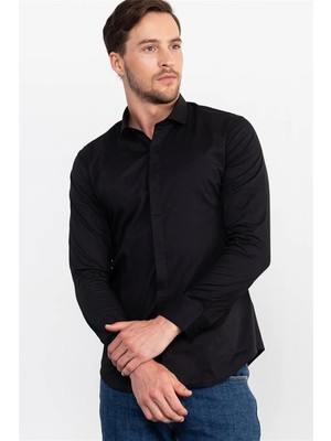 Tudors Süper Slim Fit Uzun Kollu Pamuklu Likralı Erkek Siyah Gömlek