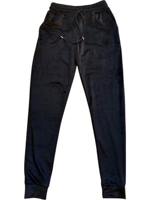 Marsilyan Parlak Kadife Cepli Pantolon Eşofman Pijama Altı Unisex Lastikli Paça Siyah
