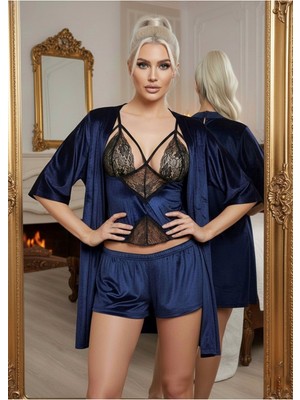 Çamaşır Kenti Lacivert Kadife Dantelli Sabahlık & Gecelik Takım 3' Lü - 1432 Nemere
