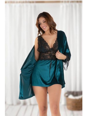 Çamaşır Kenti Petrol Yeşili Kadife Sabahlık & Gecelik Takım 2' Li - 1443
