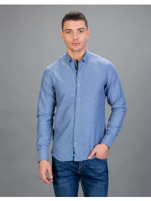 Tudors Erkek Slim Fit Dar Kesim Uzun Kollu Pamuklu Oxford Doku Lacivert Düğmeli Yaka Gömlek