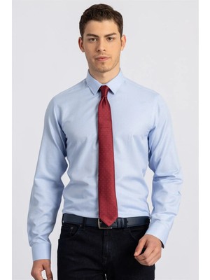 Tudors Modern Slim Fit Uzun Kollu Pamuklu Kolay Ütü Armürlü Erkek Mavi Gömlek