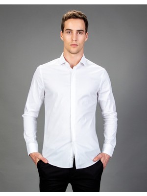 Tudors Süper Slim Fit Uzun Kollu Pamuklu Likralı Erkek Beyaz Gömlek