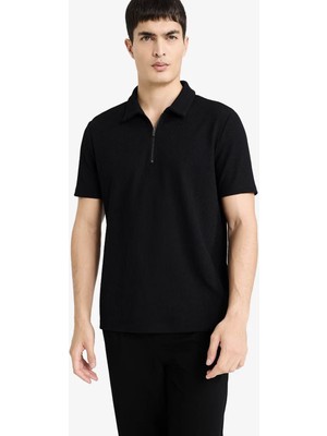 Defacto Kırışmaz Fermuarlı Siyah Erkek Polo Yaka T-Shirt B7355AX/BK81