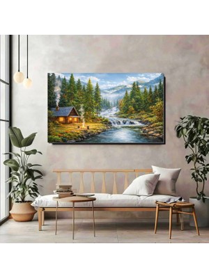 Artprinta Dağ Evi ve Şelale Manzaralı Kanvas Tablo – Doğa Temalı Panoramik Duvar Dekoru