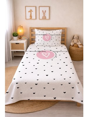 Özgürce Kalp Desenli Bebek ve Çocuk Tek Kişilik Pike Takımı 160X230 Beyaz