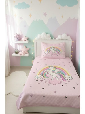 Özgürce Sevimli Unicorn Desenli Pembe Çocuk Tek Kişilik Pike Takımı 160X230