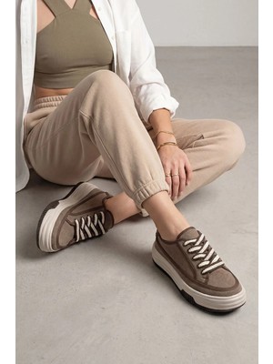 Marjin Kadın Sneaker Yüksek Taban Bağcıklı Bez Spor Ayakkabı Kotnel Vizon Süet