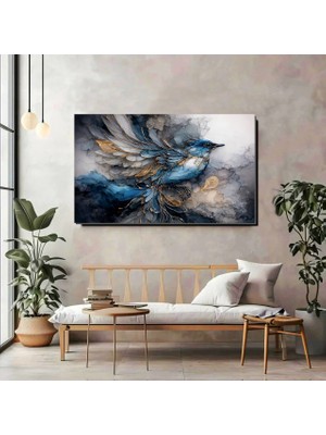 Artprinta Mavi Kuş Kanvas Tablo – Altın Detaylı Modern Sanatsal Duvar Dekoru