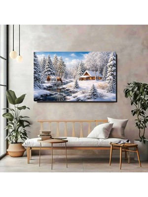 Artprinta Kış Manzaralı Atlı Orman Kanvas Tablo – Karlı Doğa ve Ahşap Kulübe Temalı Duvar Dekoru