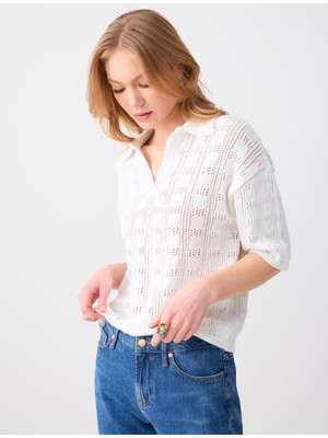 Jimmy Key Beyaz Polo Yaka Dirsek Kol Ajurlu Triko Bluz